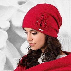 Womens Warm 100% Mixed Wool Winter Hat Floral Red NWT